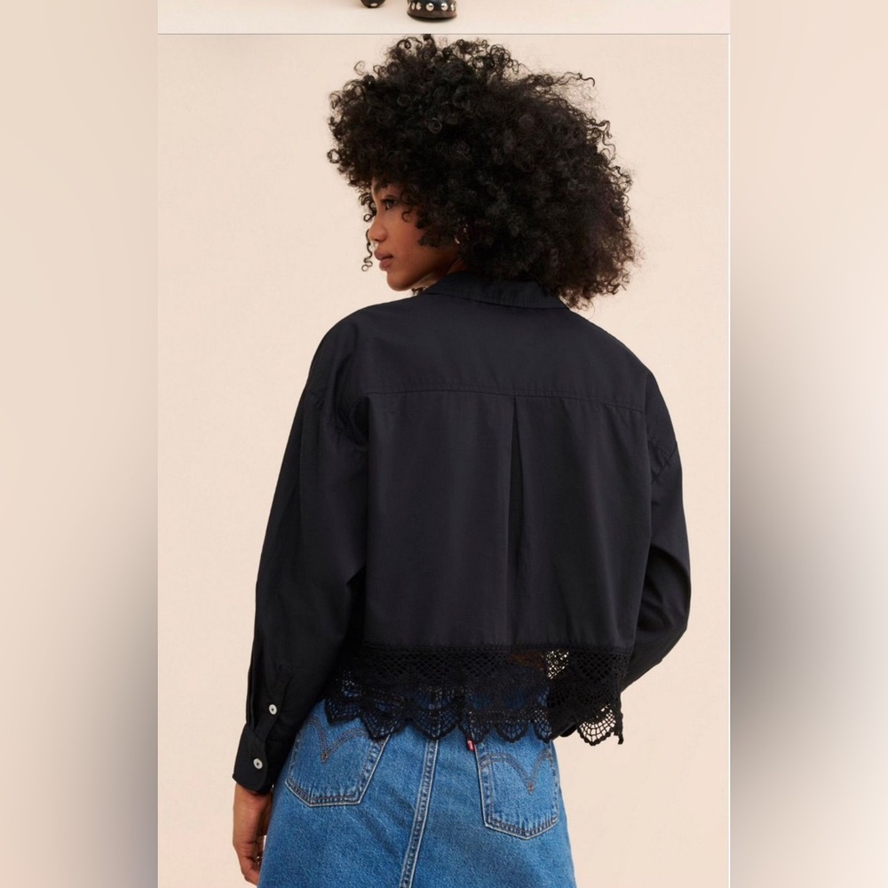 Tricia Fix Black and Blue Button Down Shirt with Lace - Picture 4 of 4